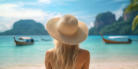 A serene beach view featuring a woman in a straw hat, gazing at turquoise waters and boats, embodying tranquility and escape.
