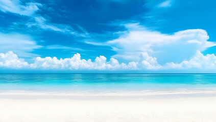 Fototapeta premium A serene tropical beach with crystal clear waters and fluffy clouds against a bright blue sky, perfect for relaxation and escape.