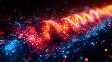 Fototapeta premium Artistic depiction of digital data streaming with vibrant flowing lines and binary codes for technology branding applications