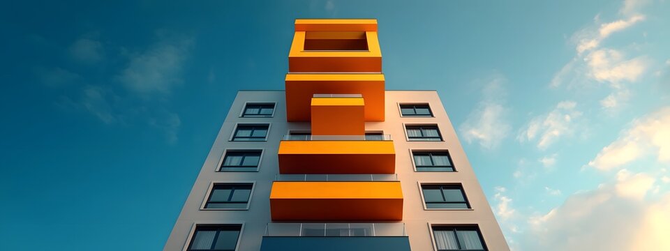 Sleek and angular high rise apartment tower with a contemporary minimalist facade of metal and glass featuring a complex geometric architectural design