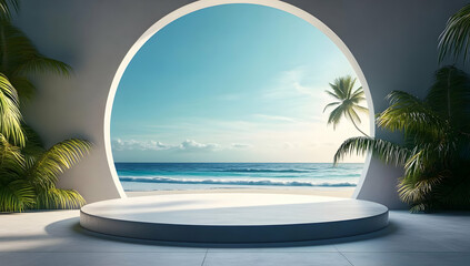 A serene view through a circular window, showcasing a tropical beach, palm trees, and calm ocean waters under a clear blue sky.