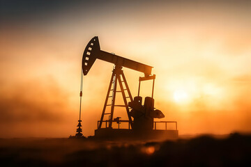 A silhouette of an oil pump jack against a stunning sunset, highlighting the energy sector and natural resources.