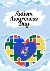 Poster concept World Autism Awareness Day with puzzle and hands illustration. Banner or background vector design template. Psychological concept of Autistic children.