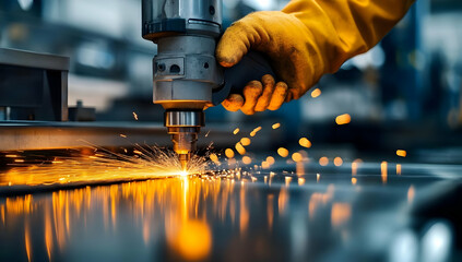A skilled worker uses precision tools to cut metal with sparks flying, showcasing modern industrial techniques and craftsmanship.