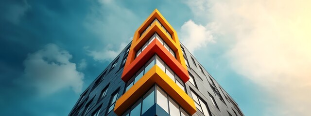 Sleek and contemporary highrise building featuring an intricate geometric pattern of glass and steel elements across its expansive facade set against a dramatic urban cityscape backdrop