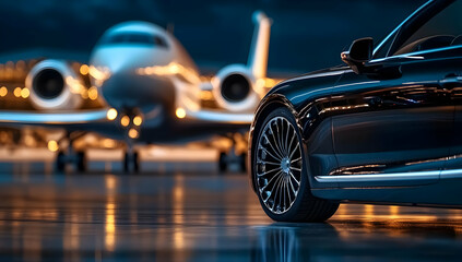 A sleek black car parked in front of a private jet at dusk, showcasing luxury travel and modern transportation.