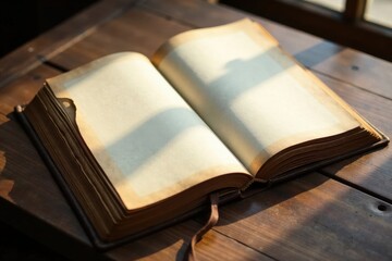 Obraz premium An antique book rests open on a wooden surface, bathed in the warm glow of sunlight, inviting exploration and reflection.