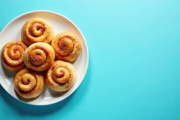 Fototapeta premium Sweet Cinnamon Swirls on a Plate, a Delightful Culinary Image Featuring Golden Brown Pastries with a Cinnamon Sugar Topping, Arranged on a Clean White Dish Against a Vibrant Teal Background