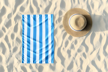 A striped blue beach towel and a straw hat resting on soft, sunlit sand, perfect for a relaxing day at the beach.