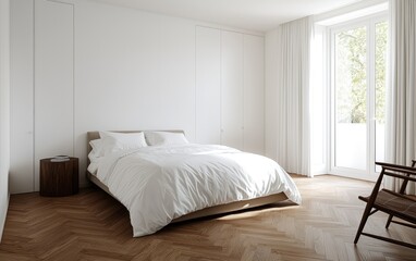 Fototapeta premium Bright and airy bedroom with white bedding, wooden floors, and a minimalist aesthetic. Sunlight streams through a window, illuminating the room. A simple wooden chair sits in the corner