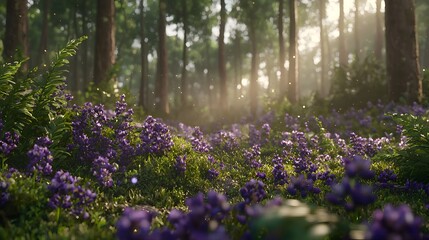Serene Forest Scene With Purple Flowers Illuminated by Soft Morning Light