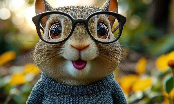 Adorable, animated squirrel with glasses and a sweater against a blurred natural background.