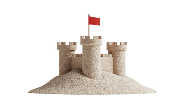 A grand towering medieval castle with multiple turrets and battlements sits atop a sandy hill its red flag fluttering proudly in the wind conveying a sense of history power and enduring legacy