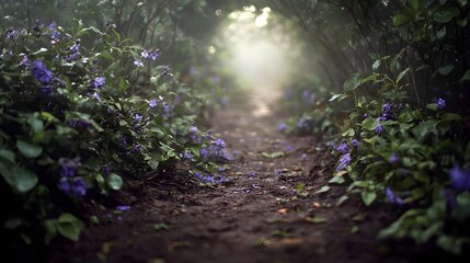 Peaceful Pathway Through Lush Greenery with Beautiful Purple Flowers and Soft Morning Light
