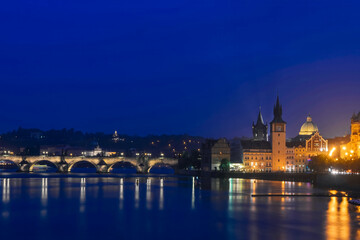 Fototapeta premium Long-exposure night view of Prague Castle and Vltava River in Prague, Czech Republic