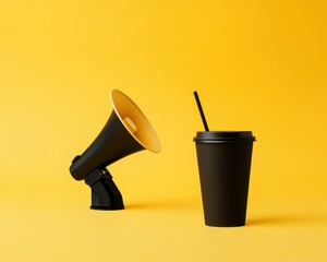 A sleek black ceramic cup featuring a vibrant yellow lid, perfect for keeping beverages warm. The contrasting colors create a modern aesthetic, ideal for coffee or tea lovers.