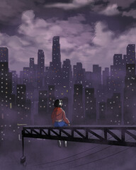 Solitary Figure Overlooking a Nighttime Cityscape – Digital Painting
