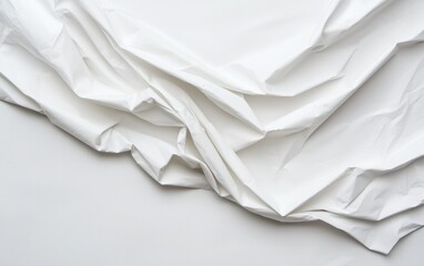 Obraz premium Abstract image of crumpled white fabric on a light gray background. The fabric is textured and shows folds and creases. The overall mood is serene and minimalist