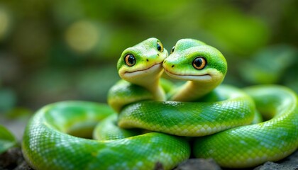 Fototapeta premium Two Green Snakes Coiled Together in Nature with Warm Lighting