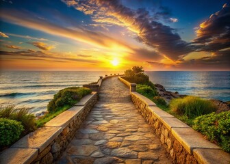 Fototapeta premium Serene Sunset Ocean Path: Calming Coastal Stone Pathway at Golden Hour