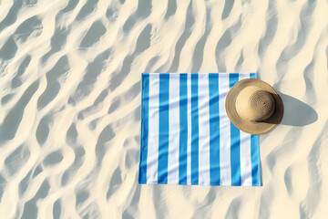 A top-view shot of a blue-striped towel and a straw hat on soft, sandy beach, capturing the essence of summer relaxation.