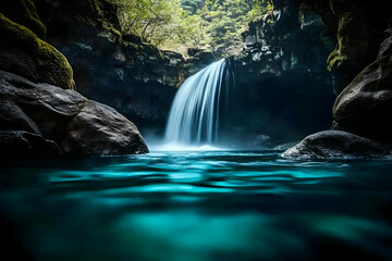 Fototapeta premium A tranquil waterfall cascading into a serene pool, surrounded by lush greenery, creating a picturesque natural oasis.