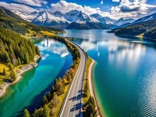 4K Drone Aerial: Highway, Blue Lake, Snow Mountains - High-Resolution Stock Photo