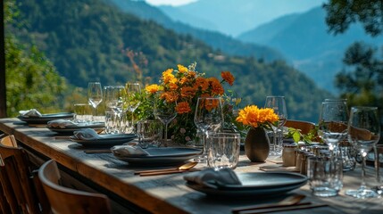Fototapeta premium Mountaintop outdoor dining, set table, floral centerpiece, scenic background