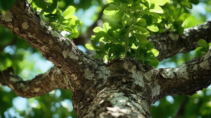 Fototapeta premium Low-angle tree trunk, sunlit leaves, park background, nature texture