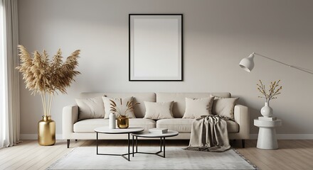 Serene living room, featuring a beige sofa adorned with soft throws, complemented by elegant golden vases and pampas grass, creating a calm and sophisticated ambiance.