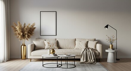 Serene living room sanctuary, featuring a beige couch adorned with soft neutral pillows and a warm beige throw, complemented by elegant gold accents and minimalist decor.
