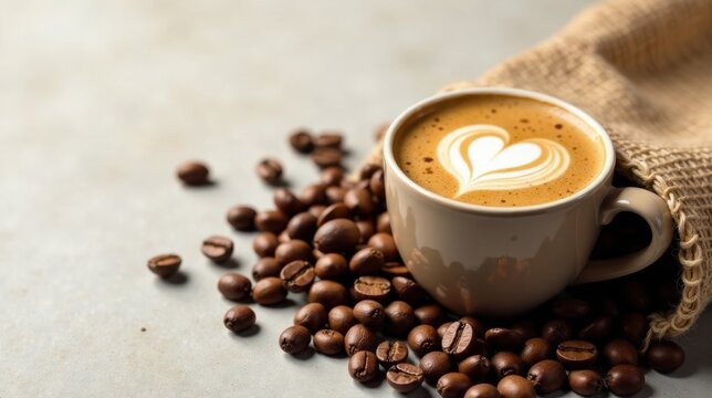 Aromatic Coffee Drink with Heart Design in a Cup Near Roasted Beans