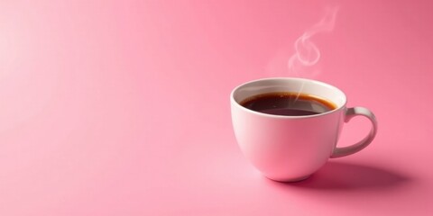A steaming cup of coffee sits on a pink background, perfect for a cozy morning or an afternoon pick-me-up.