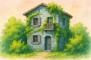 AI generated watercolor illustration of a stone house with green vines