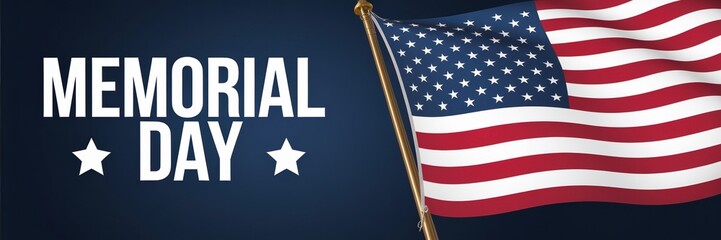 Obraz premium American flag waving on Memorial Day with patriotic stars and text against a deep blue background.