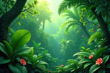 Lush Tropical Paradise Vibrant Green Foliage, Sunlight Filtering Through Canopy, and Delicate Coral Blossoms Dotting the Undergrowth