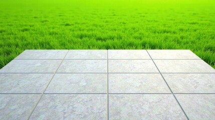 Serene Patio Tiles Bordering a Lush Green Lawn, Perfect for Relaxation and Outdoor Activities