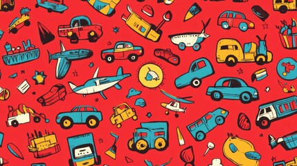 22.A lively pattern featuring boyish toy icons like trucks, cars, and helicopters, rendered in a hand-drawn style with a dynamic arrangement on a vivid red background.