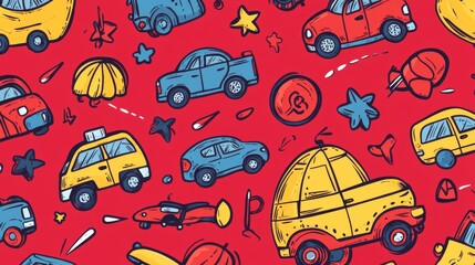 22.A lively pattern featuring boyish toy icons like trucks, cars, and helicopters, rendered in a hand-drawn style with a dynamic arrangement on a vivid red background.