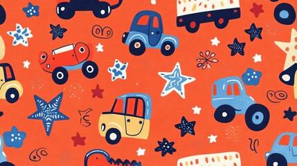 24.Whimsical pattern showcasing boy childrenâ€™s toys, with doodle-style cars, trucks, and stars on a bold orange background, creating a playful and engaging design.