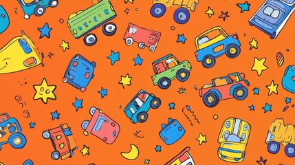 24.Whimsical pattern showcasing boy childrenâ€™s toys, with doodle-style cars, trucks, and stars on a bold orange background, creating a playful and engaging design.