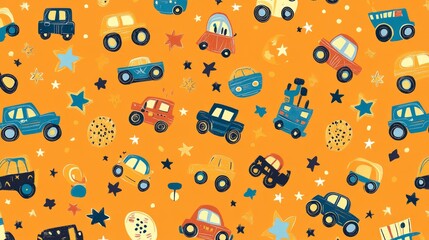 24.Whimsical pattern showcasing boy childrenâ€™s toys, with doodle-style cars, trucks, and stars on a bold orange background, creating a playful and engaging design.