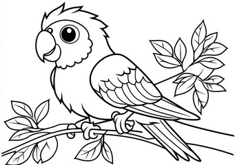 Whimsical Cartoon Parrot Perched on Branch, Playful Line Drawing for Coloring Books and Illustrations, Black and White Graphic Style