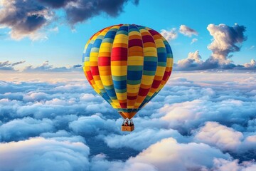 Naklejka premium Vibrant Multicolored Hot Air Balloon Soaring Above Fluffy Cloudscape in Peaceful Skies - Serene Adventure and Freedom Travel Concept