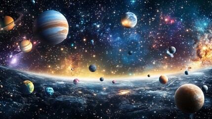 52.A rich galactic banner with colorful celestial objects like planets, comets, and constellations scattered against a dark star-filled background, designed with copy space.