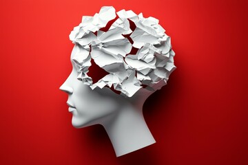Sculpted White Head with Textured Chaotic Hair Against Bold Red Background - Modern Conceptual Art Photo with Creative Tension and Vivid Contrast
