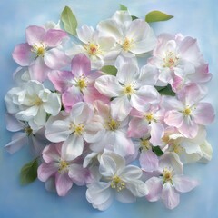 A vibrant arrangement of delicate white and soft pink flowers, including roses and daisies, beautifully contrasts against a serene blue background, creating a fresh and cheerful atmosphere.