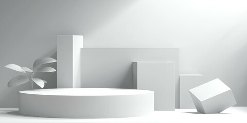 Minimalist Geometric Shapes Display with Plant on Cylinder Modern Studio Product Shot with Clean Matte Materials