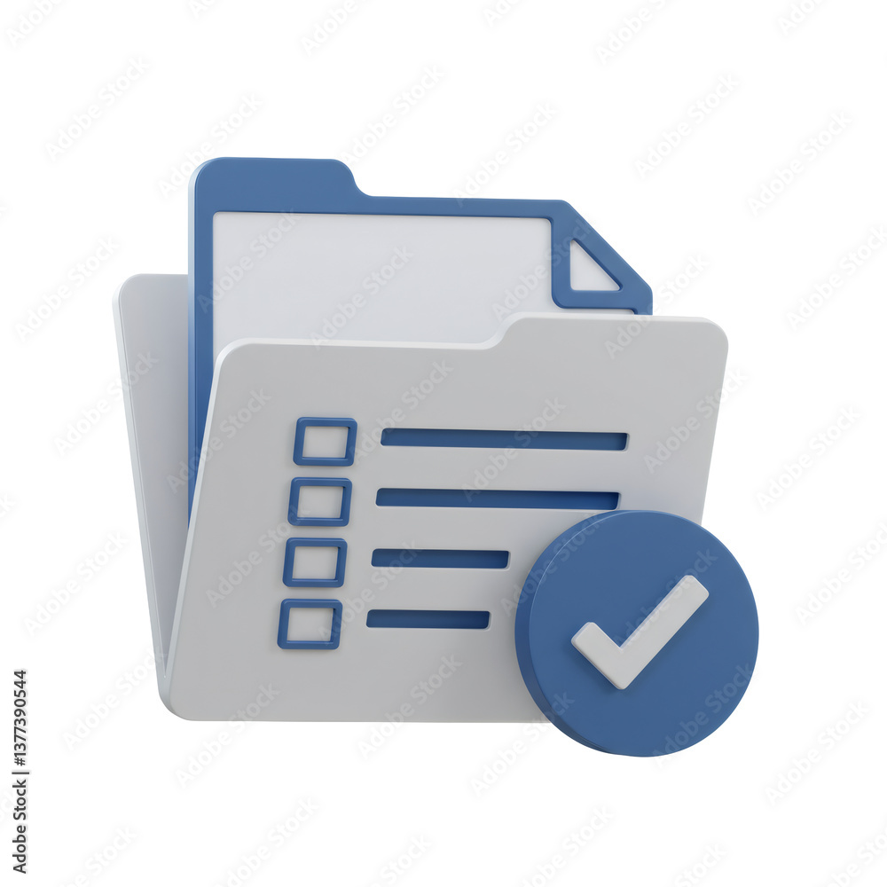 Poster 3d render of a blue and white open file folder icon with checklist and checkmark