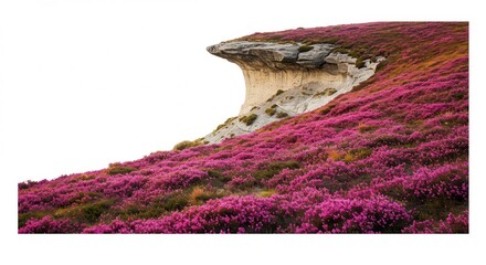Dramatic Cliffside Landscape Heather in Bloom Against a Rocky Outcrop